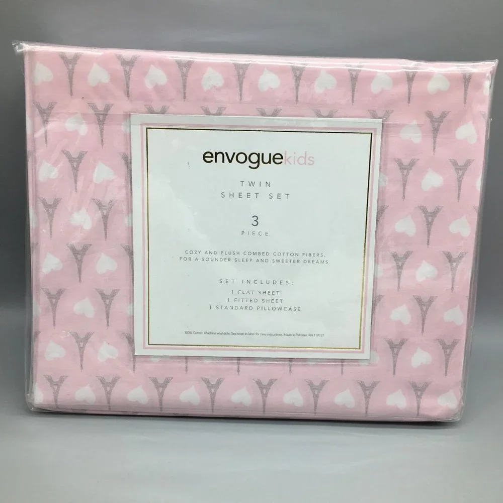 3pc Pink Paris TWIN Sheet Pillowcase Set Gray Eiffel Tower Heart Bedding Envogue